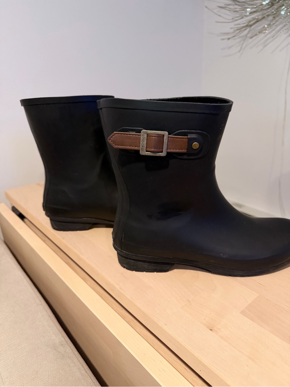 chooka Black Short Rain Boots with Brown Strap Accent